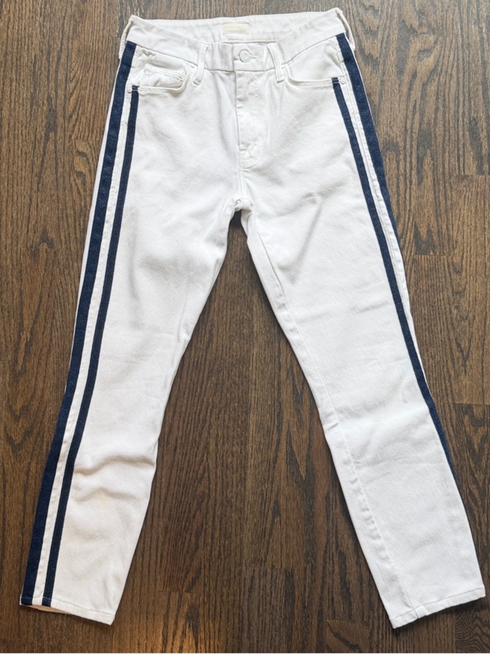 MOTHER White Skinny Jeans with Navy Side Stripes
